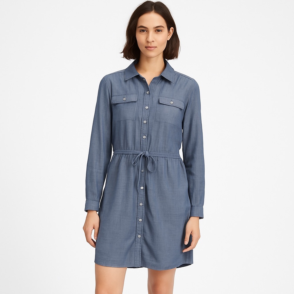 GAP Blue Chambray Button Front Shirt Dress Drawstring Waist S